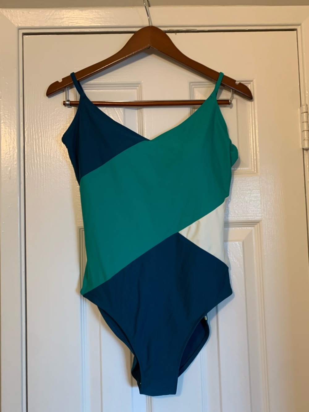 Women’s Colorblock One-Piece Swimsuit in Teal, Dark Blue & White